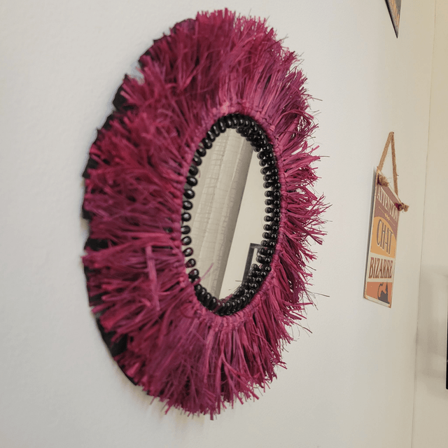 Petit miroir rond en raphia naturel