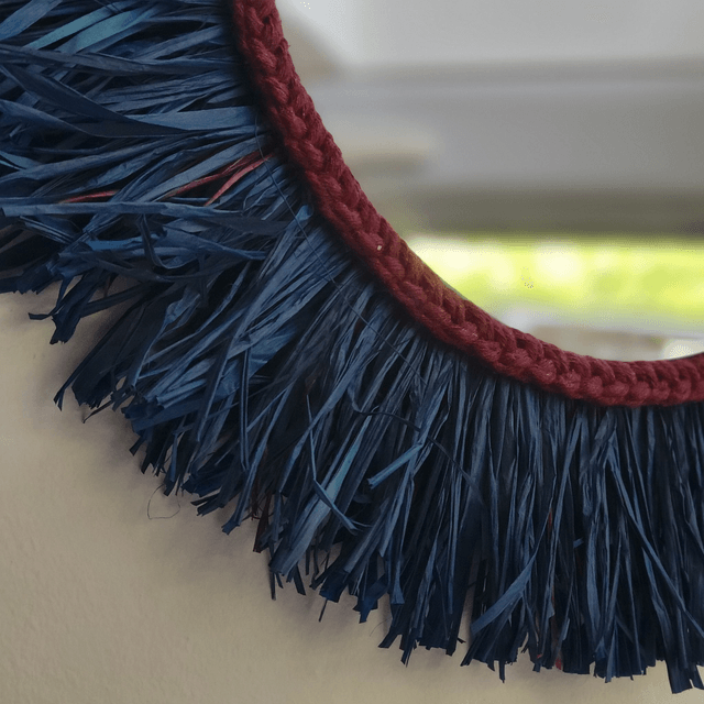 Miroir rond en raphia naturel bleu