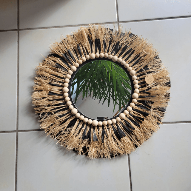 Miroir rond en raphia naturel