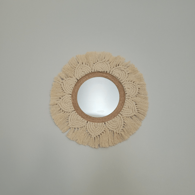 Miroir macramé et corde de jute.