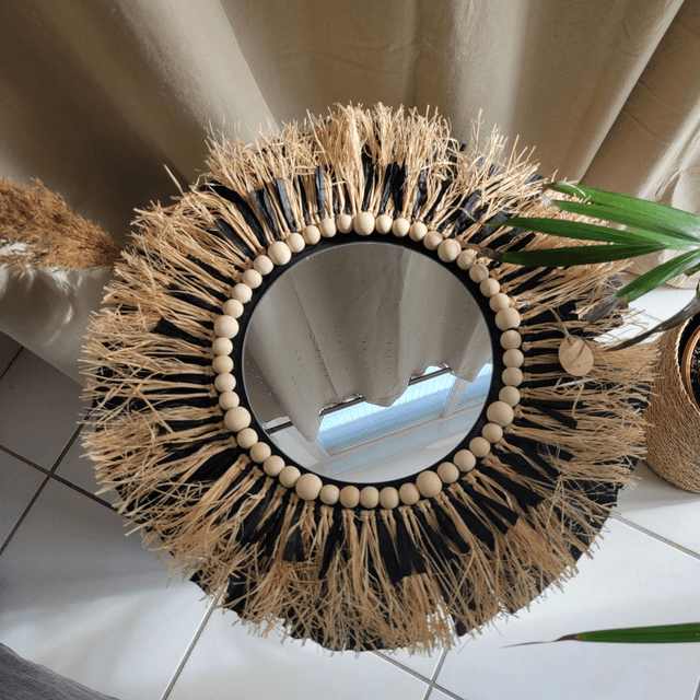 Miroir rond en raphia naturel