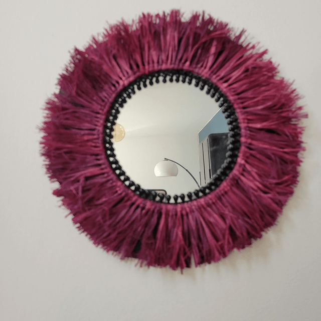 Petit miroir rond en raphia naturel