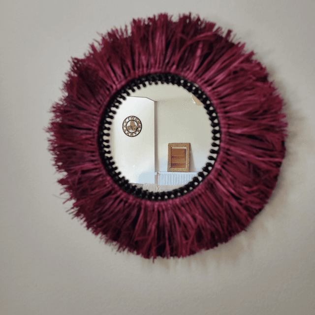 Petit miroir rond en raphia naturel